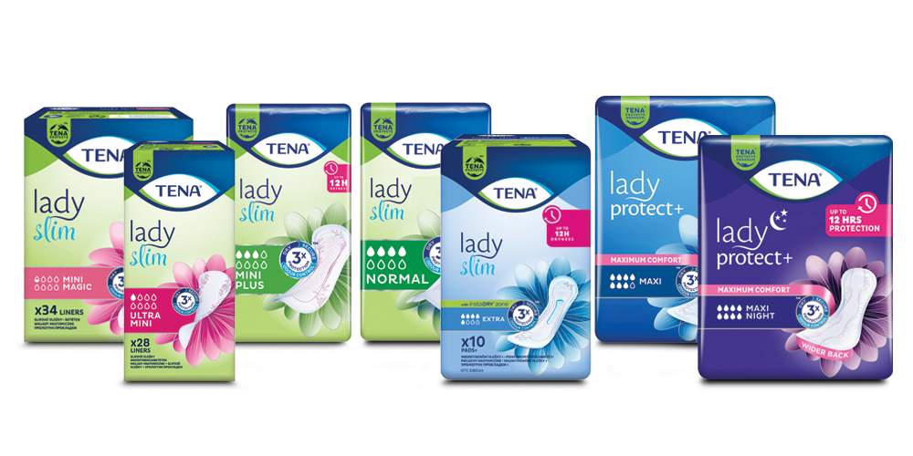 From left: TENA Discreet Extra, TENA Discreet Maxi Night, TENA Silhouette Washable Underwear Classic & TENA Silhouette Washable Underwear High Waist. From left: TENA Discreet Extra, TENA Discreet Maxi Night, TENA Silhouette Washable Underwear Classic & TENA Silhouette Washable Underwear High Waist.